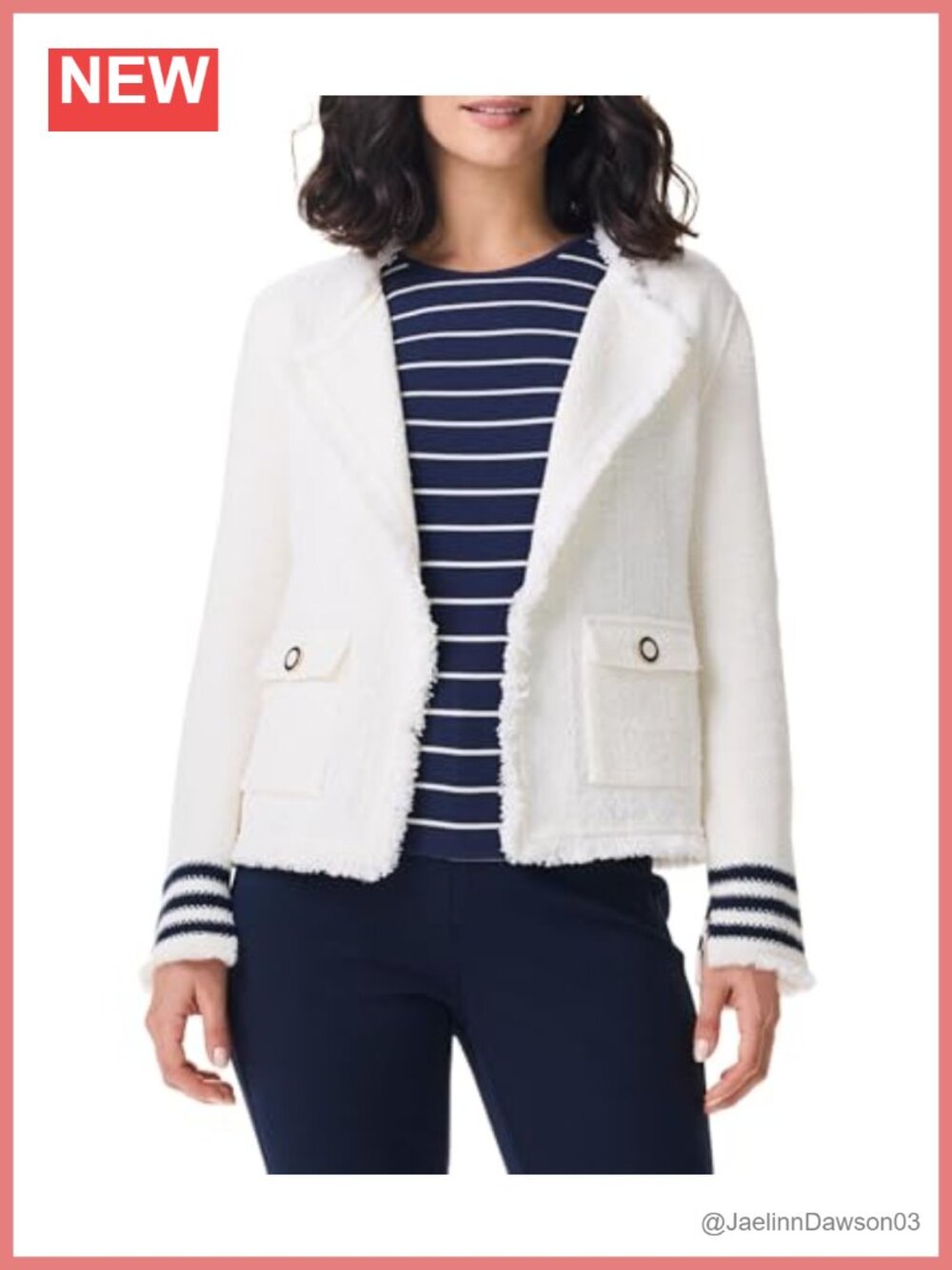 Subtle Stripe Fringe Mix Knit Jacket Open Front Patch Pocket